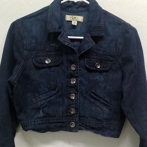 L.e.i. Dark Wash Blue Jean Juniors Cropped Jacket - Picture 2 of 6